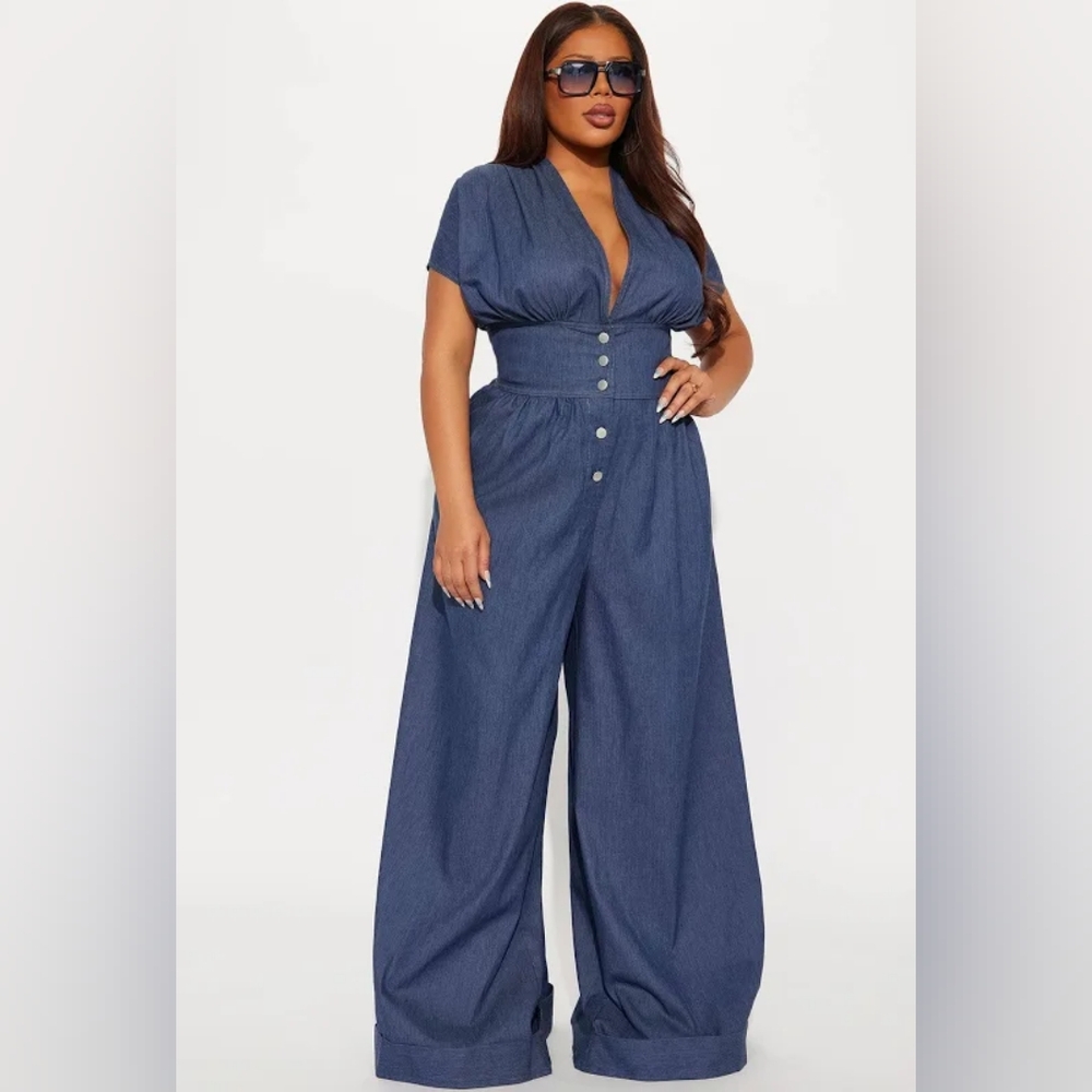 FASHION NOVA LIMITLESS DENIM JUMPSUIT NWT